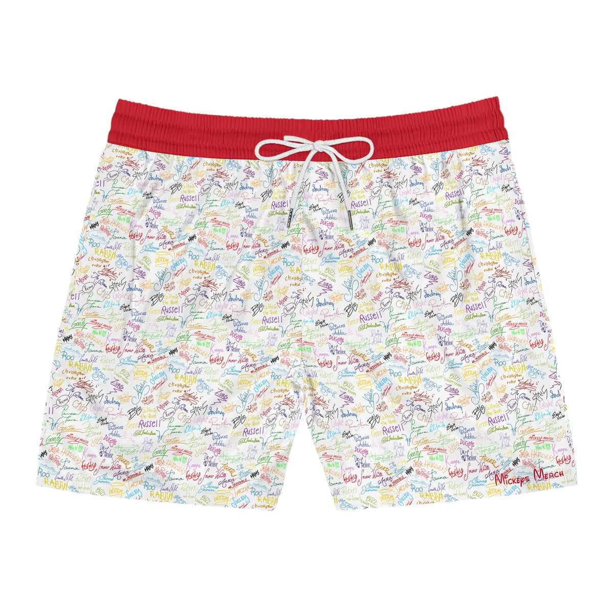 Character Autographs on White Swim Trunks