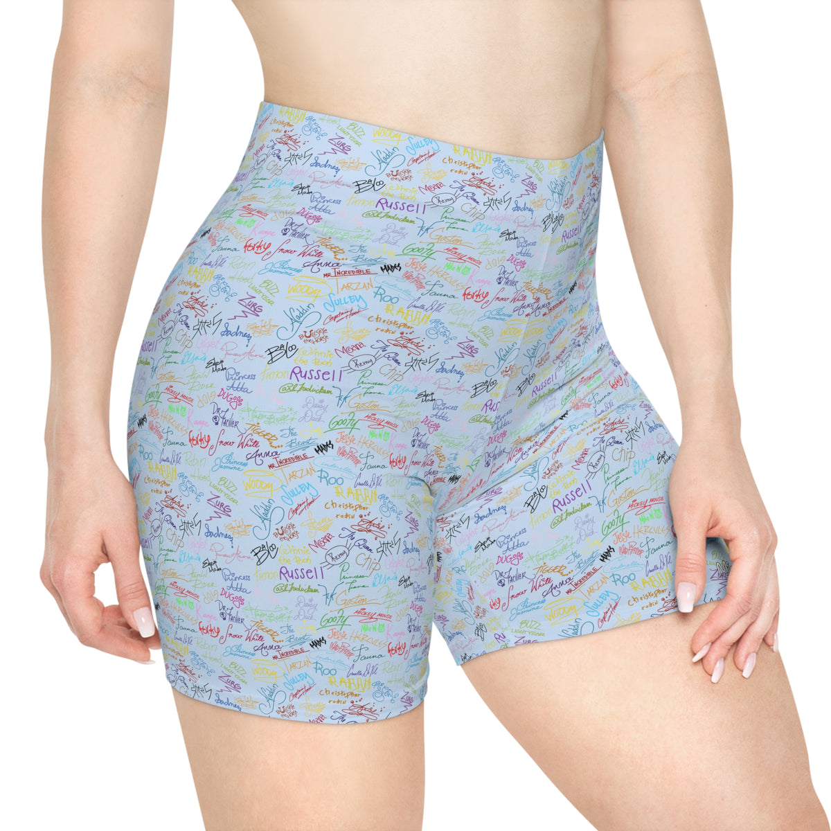 Character Autographs on Blue Bike Shorts