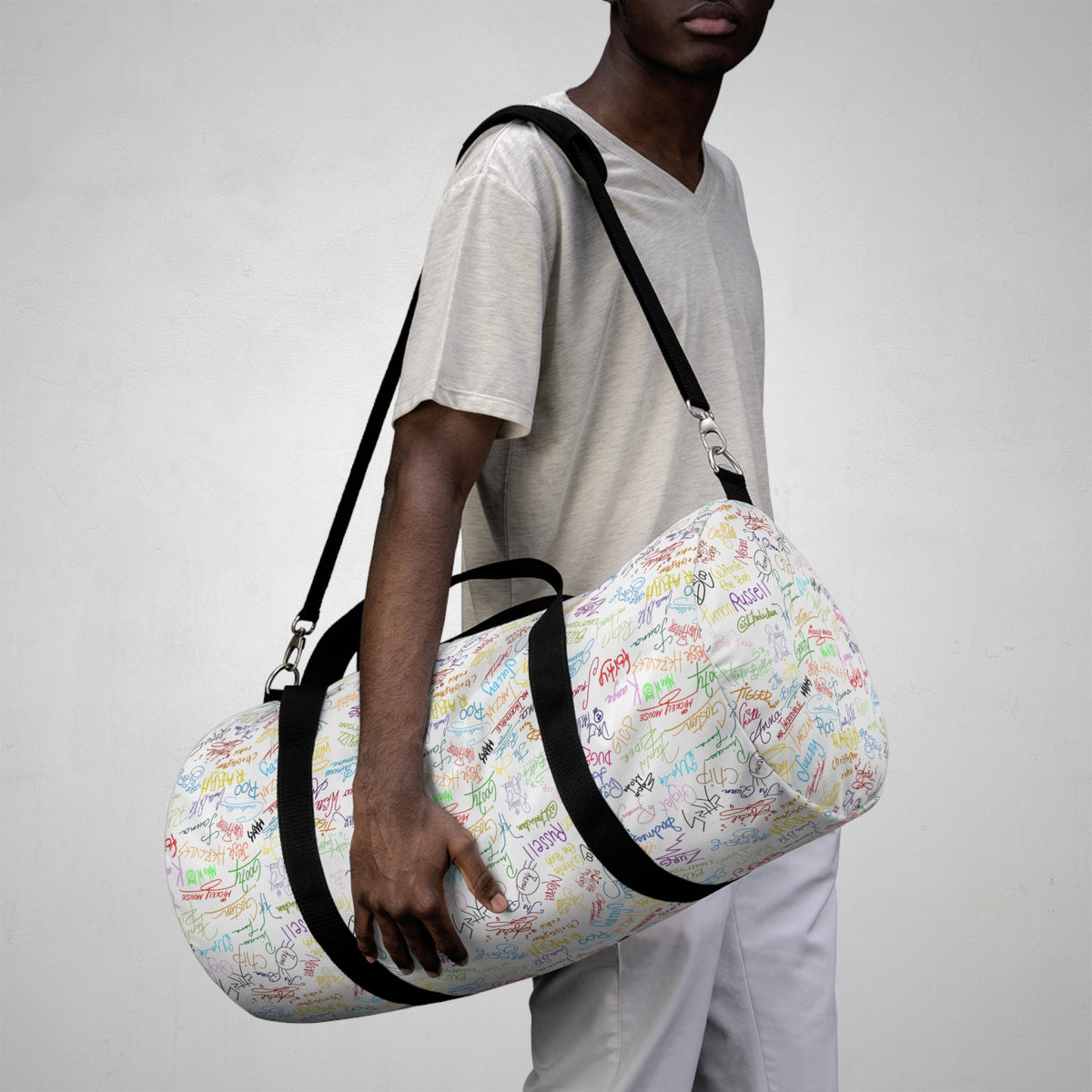 Character Autographs on White Travel Duffel Bag
