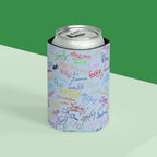 Character Autographs on Blue Can Cooler Drink Koozie