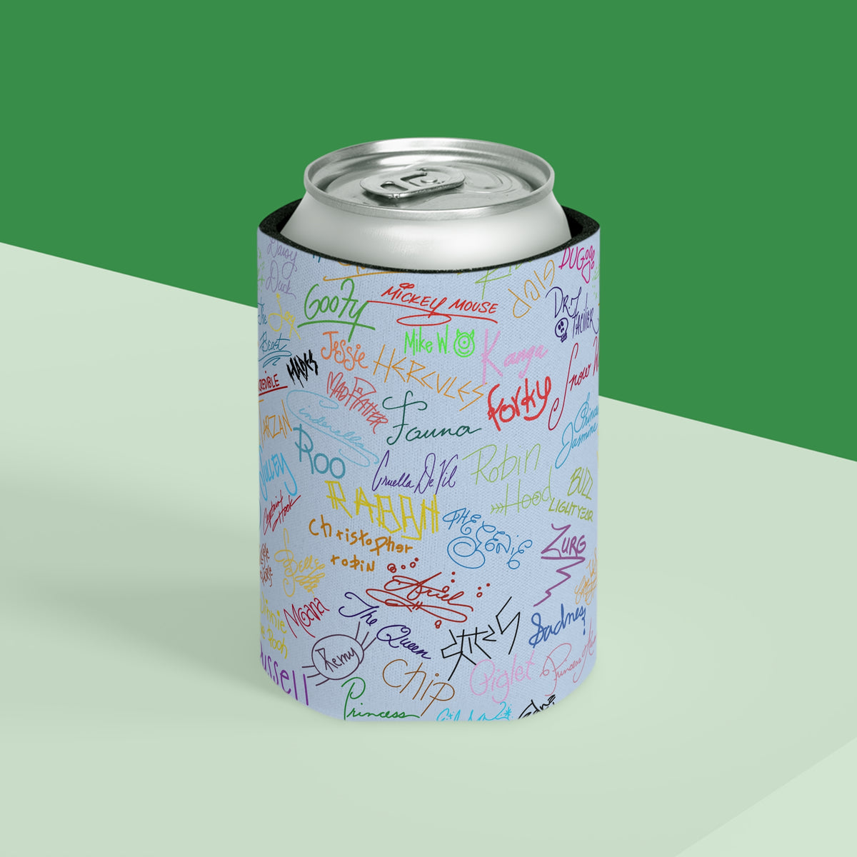 Character Autographs on Blue Can Cooler Drink Koozie