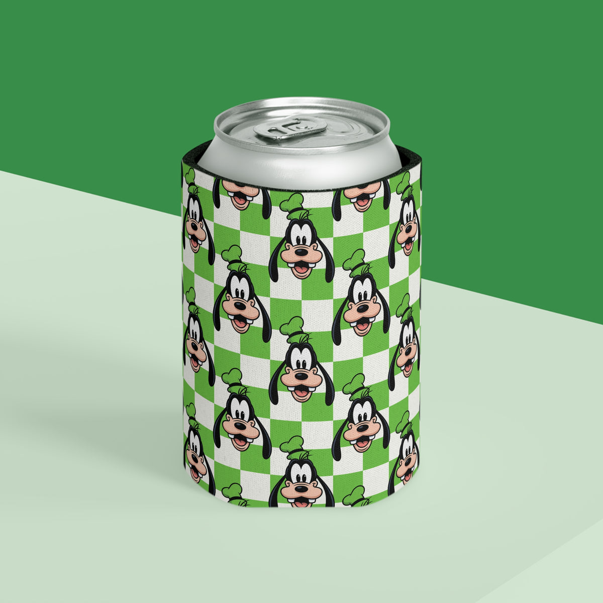 Green Checkerboard Goofy Can Cooler Drink Koozie