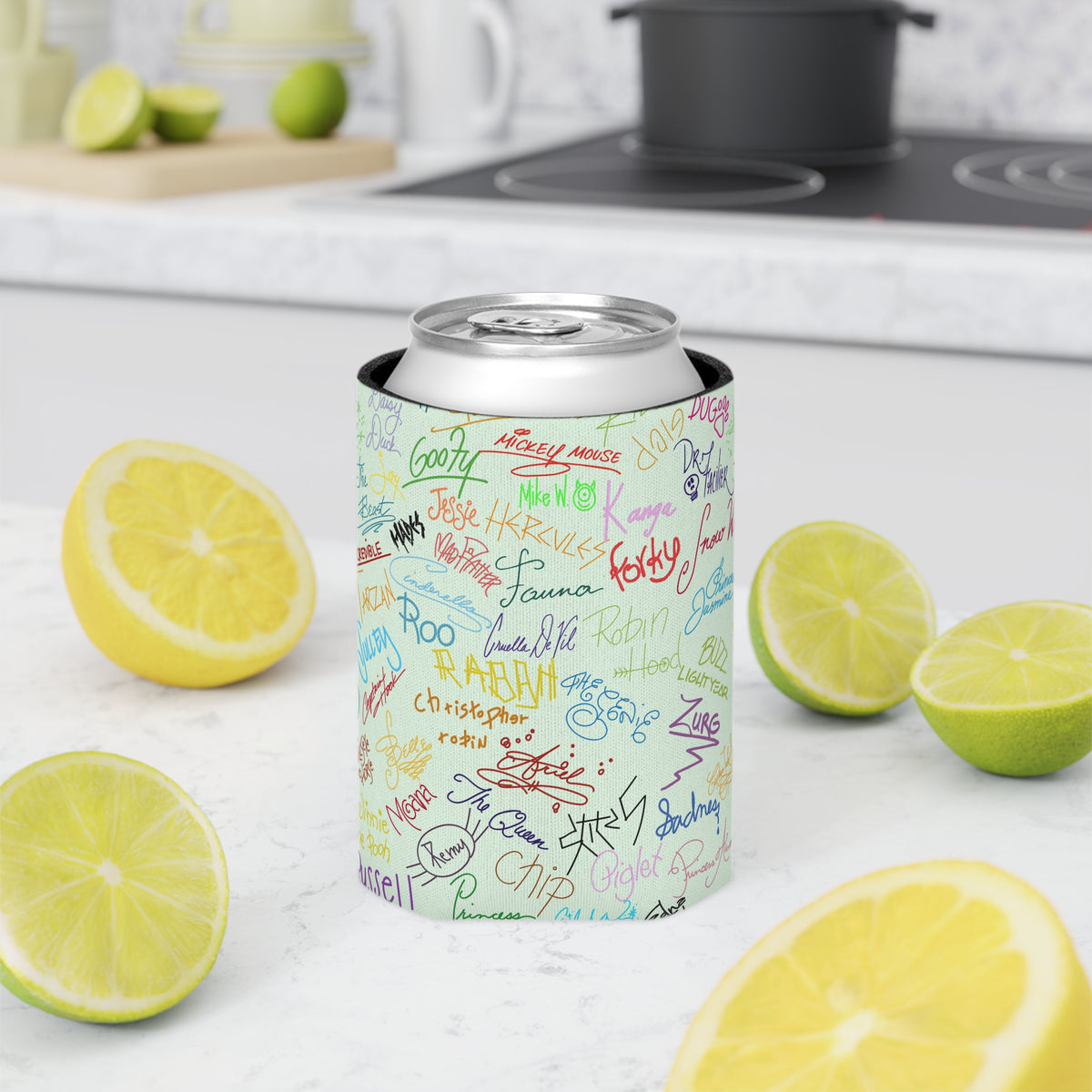 Character Autographs on Green Can Cooler Drink Koozie