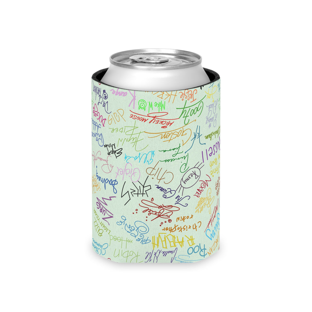 Character Autographs on Green Can Cooler Drink Koozie