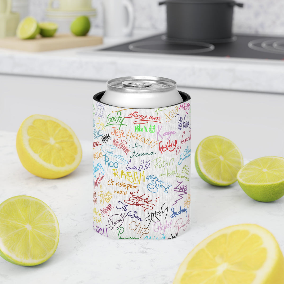 Character Autographs on White Can Cooler Drink Koozie