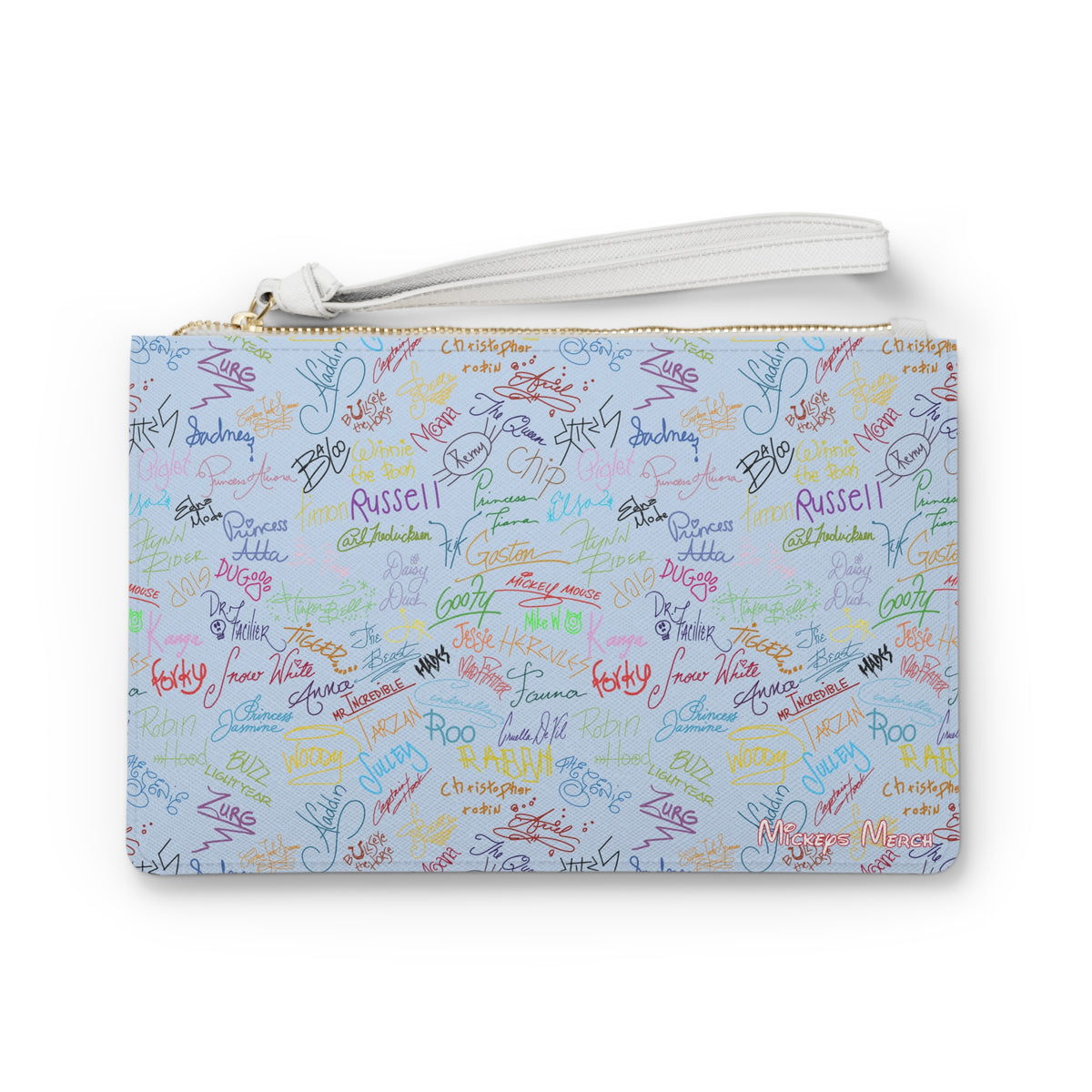 Character Autographs on Blue Convertible Wristlet Clutch