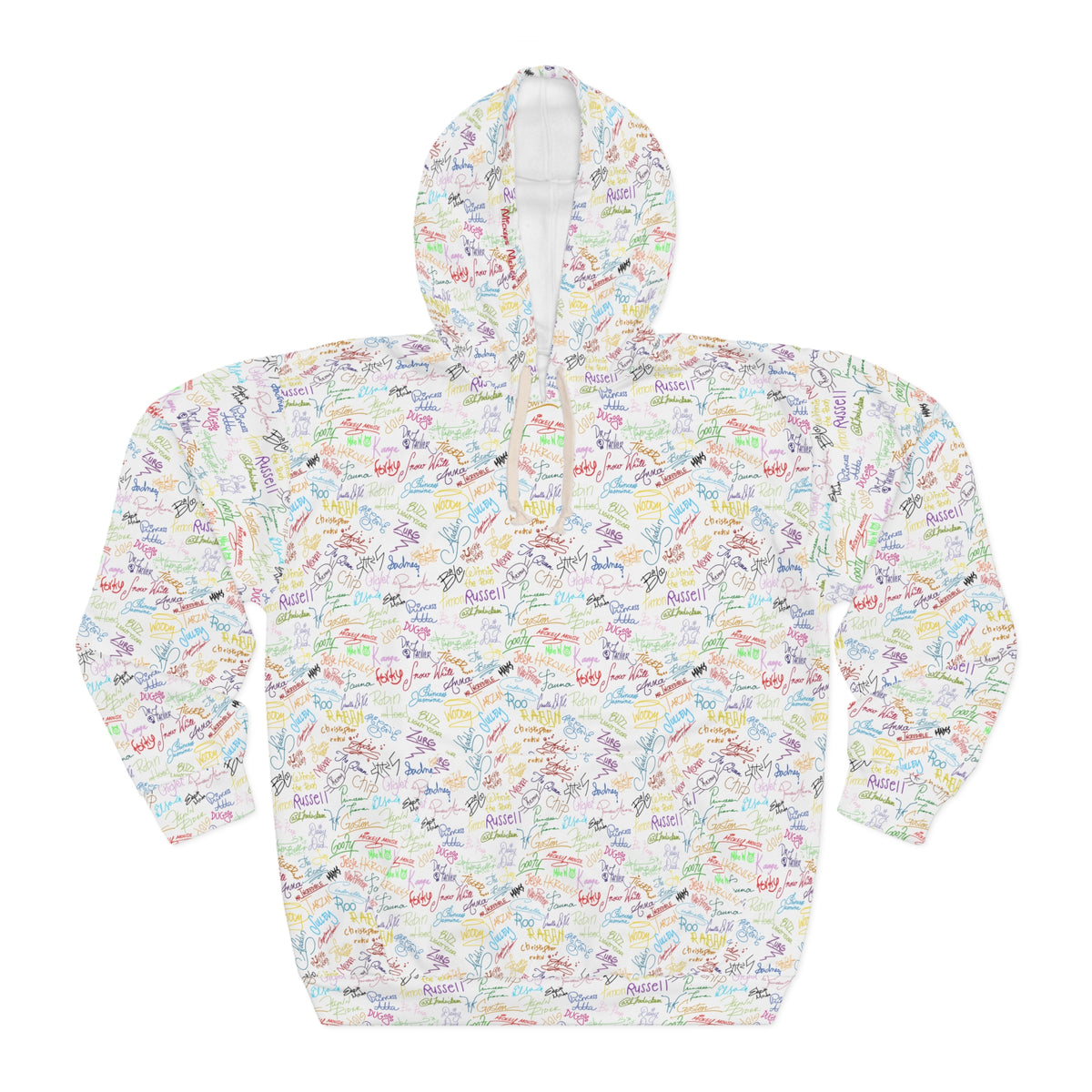 Character Autographs on White Hooded Sweatshirt