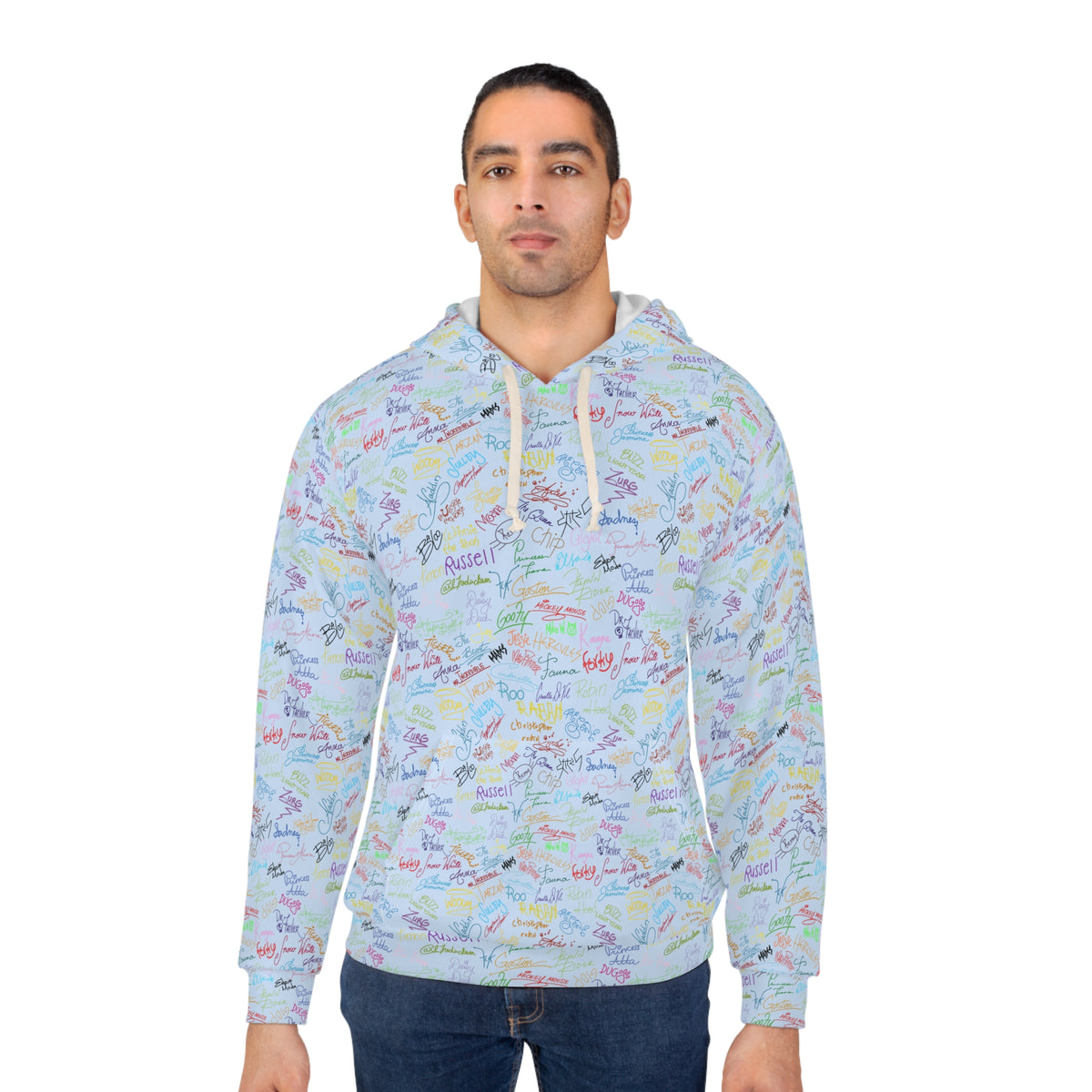 Character Autographs on Blue Hooded Sweatshirt