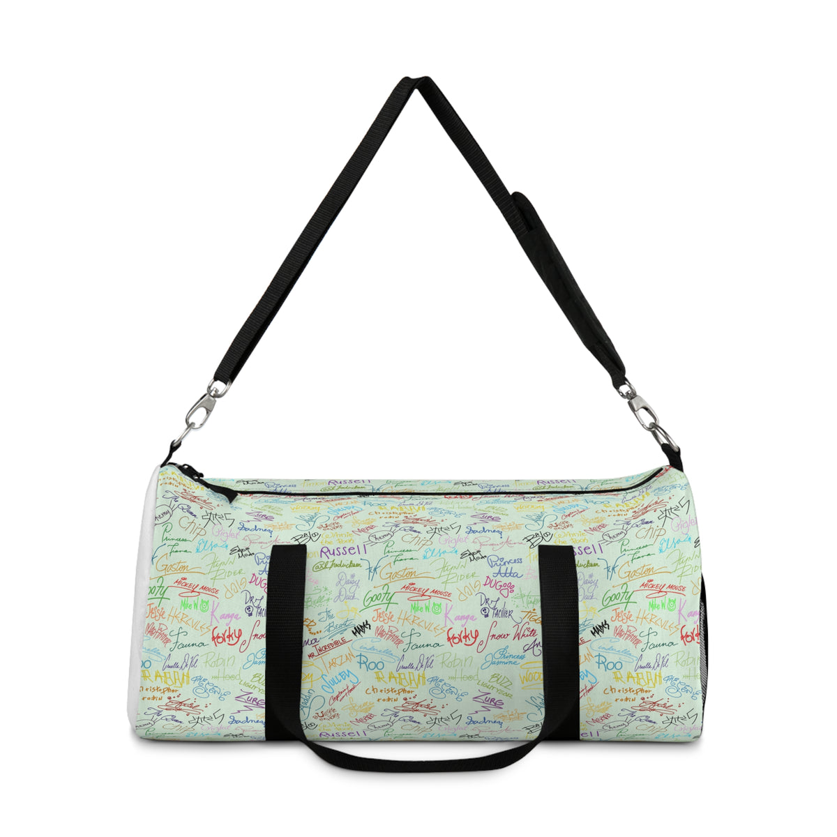 Character Autographs on Green Travel Duffel Bag