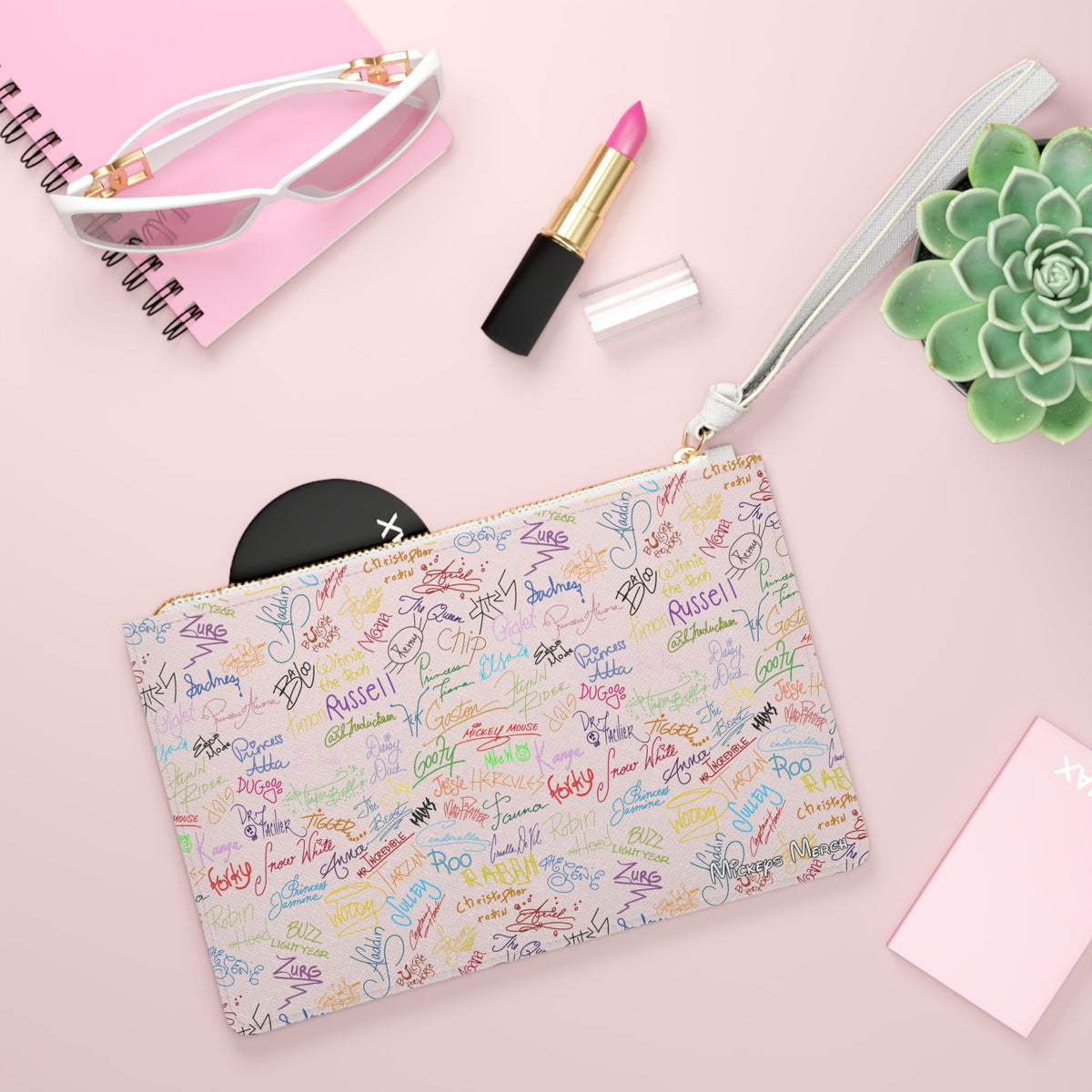 Character Autographs on Pink Convertible Wristlet Clutch