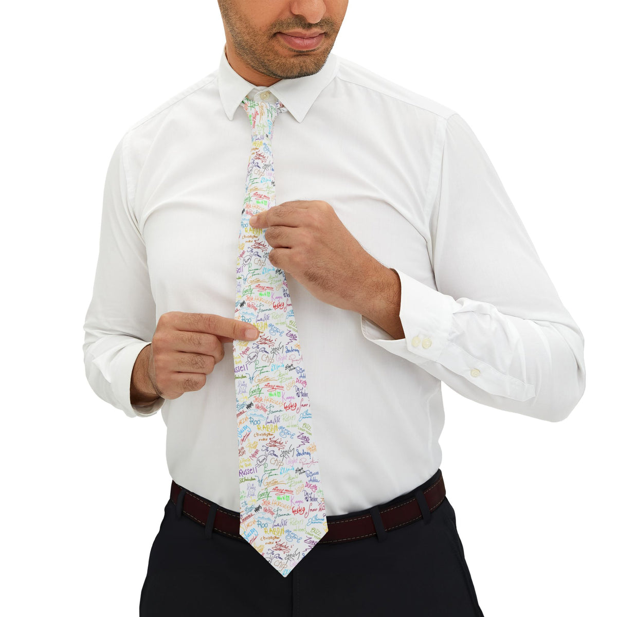 Character Autographs on White Mens Necktie