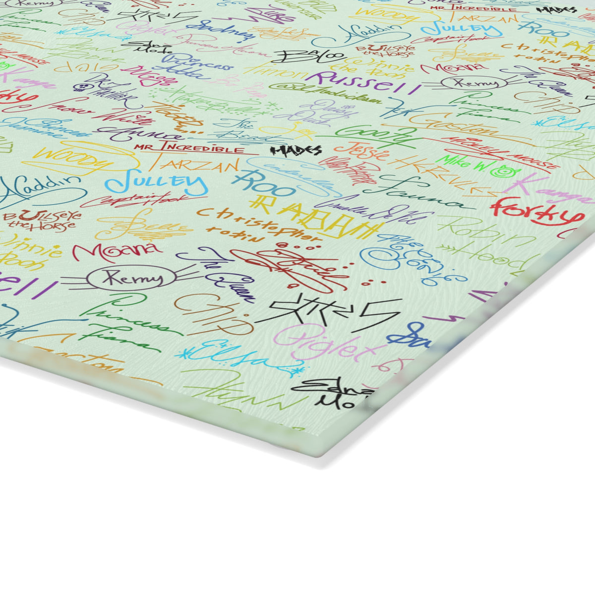 Character Autographs on Green Glass Cutting Board
