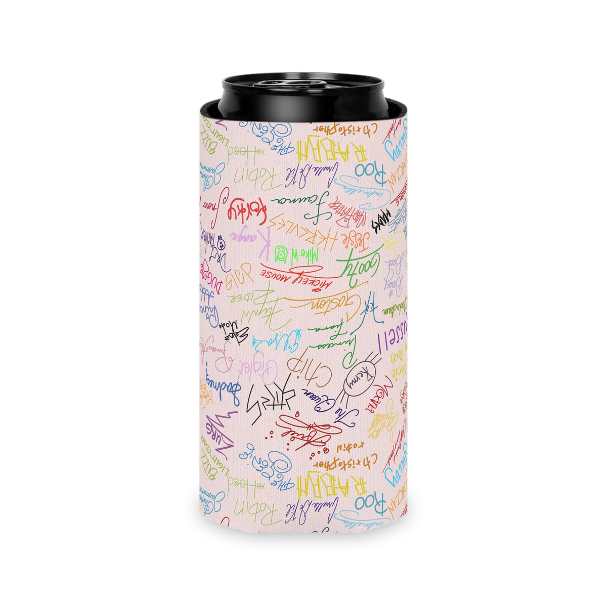 Character Autographs on Pink Can Cooler Drink Koozie