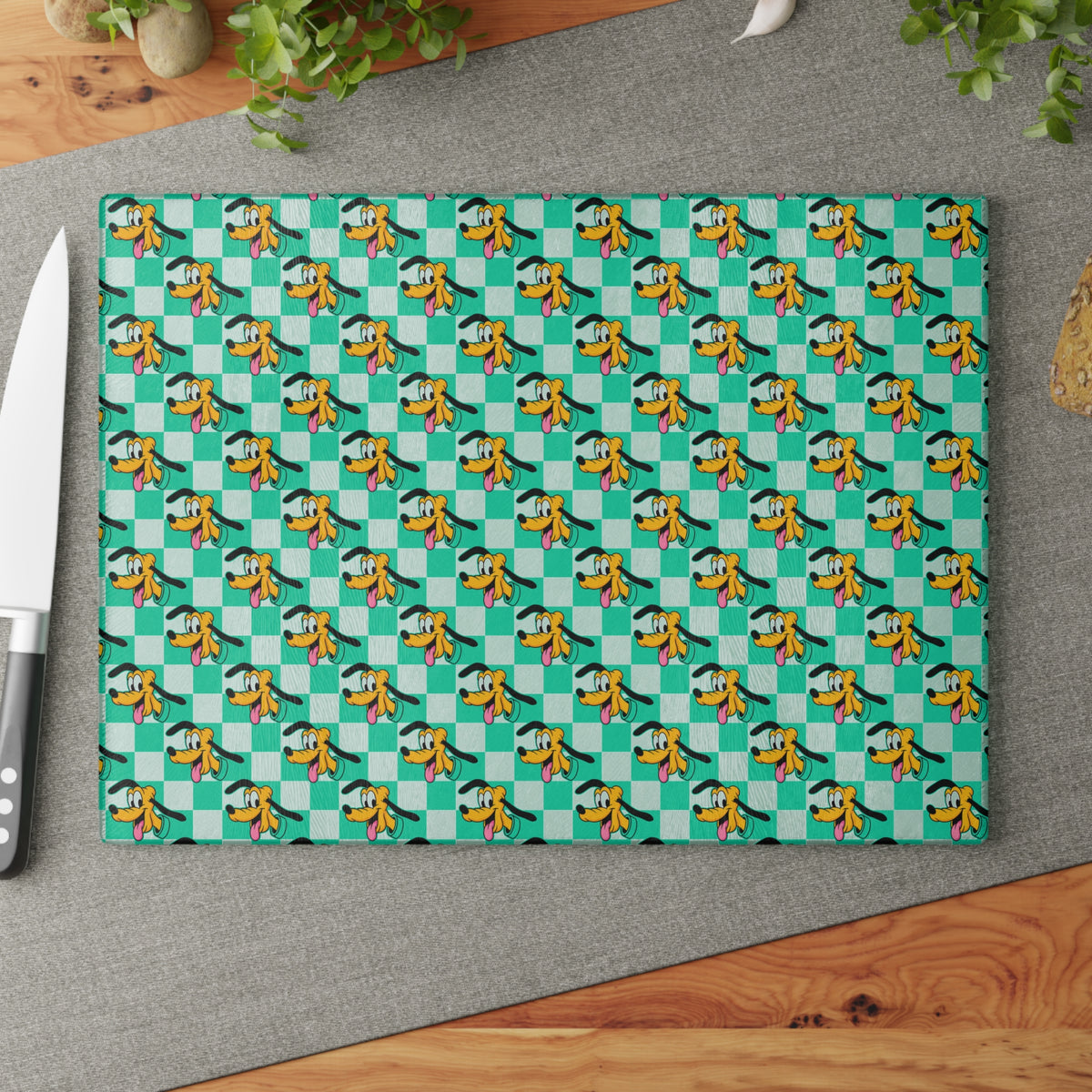 Teal Checkerboard Pluto Glass Cutting Board