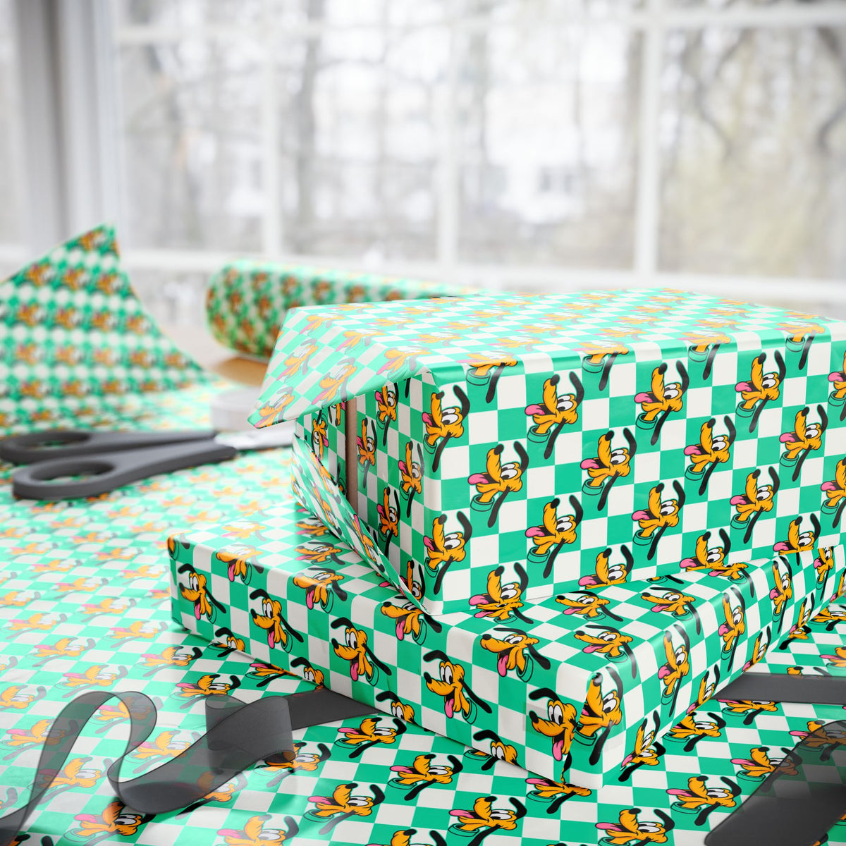 Teal Checkerboard Pluto Wrapping Paper Roll