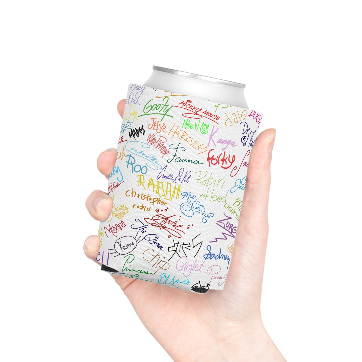 Character Autographs on White Can Cooler Drink Koozie