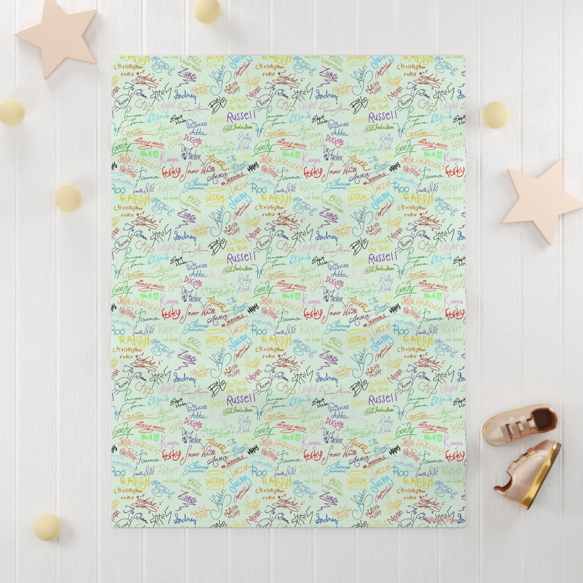 Character Autographs on Green Happily Ever After Baby Blanket
