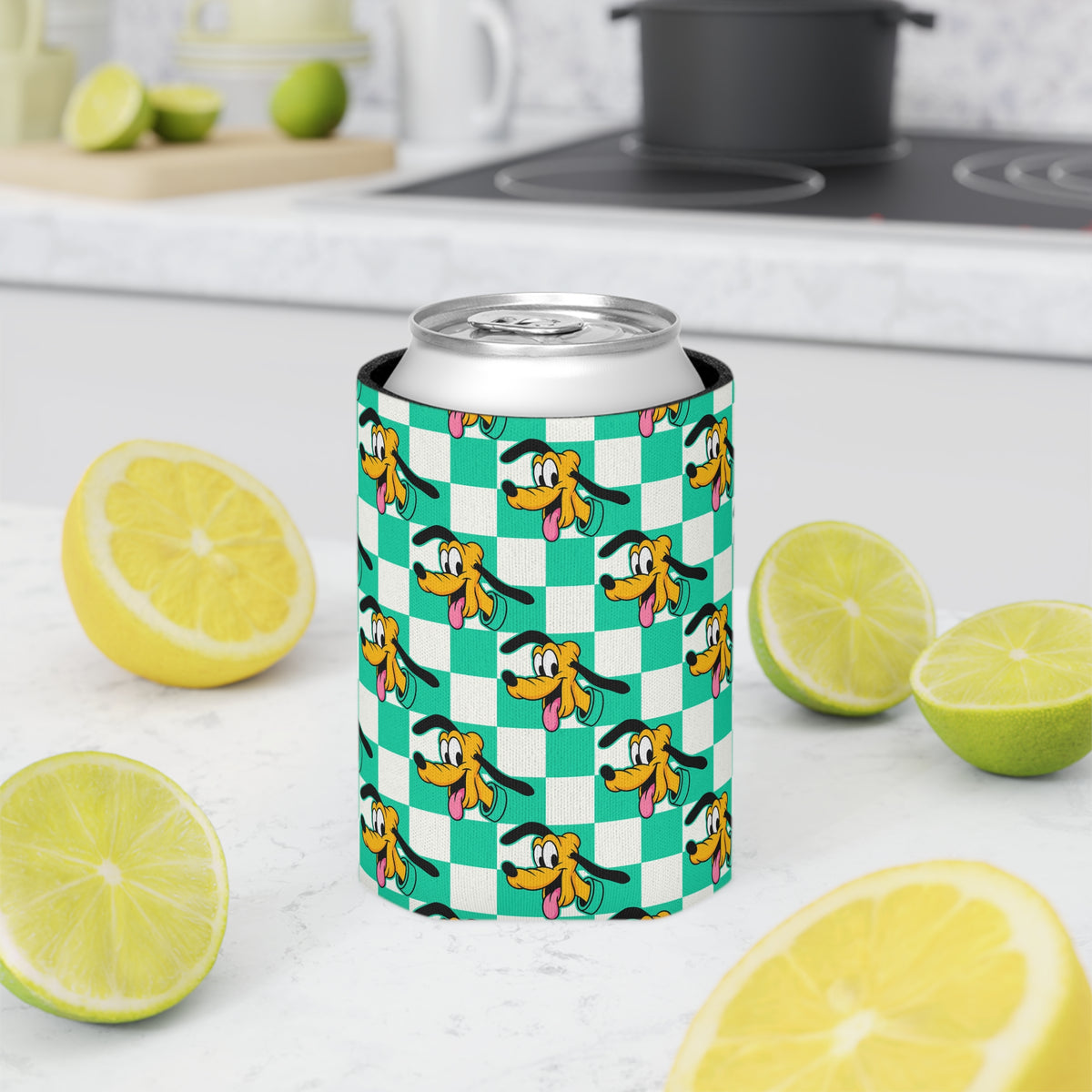 Teal Checkerboard Pluto Can Cooler Drink Koozie