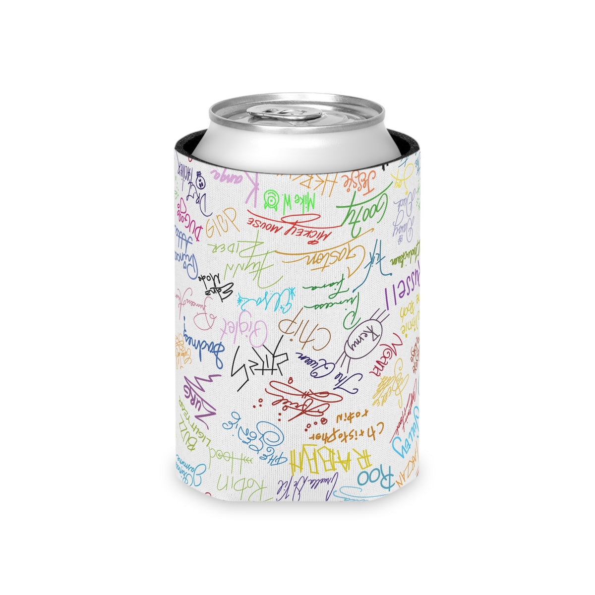 Character Autographs on White Can Cooler Drink Koozie