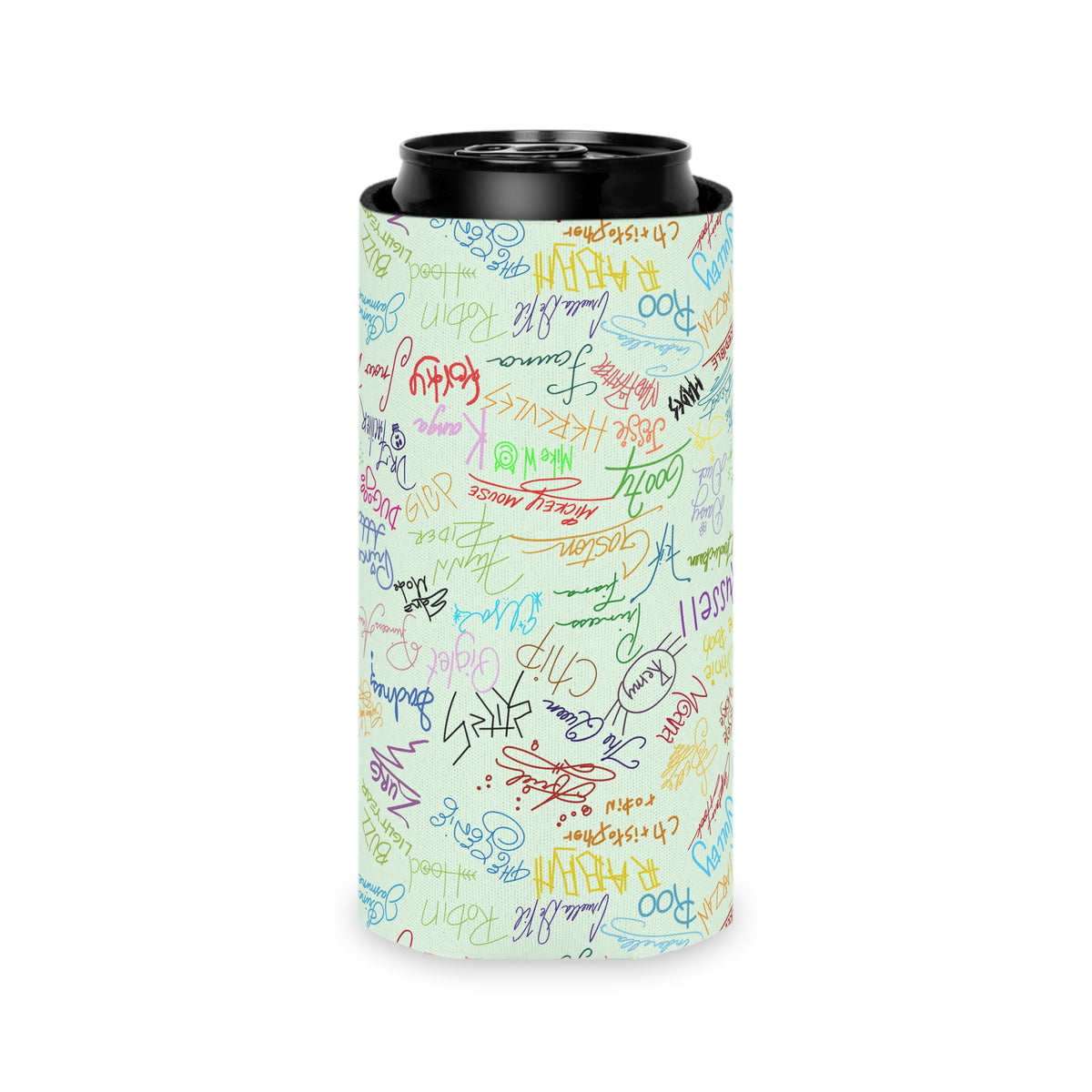 Character Autographs on Green Can Cooler Drink Koozie