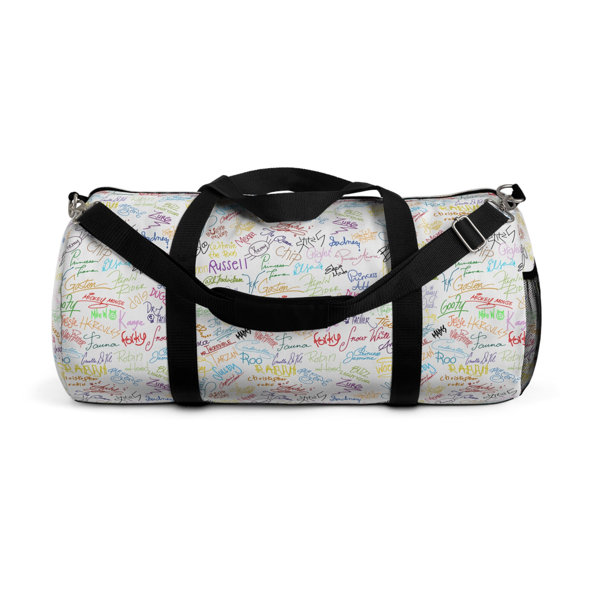 Character Autographs on White Travel Duffel Bag