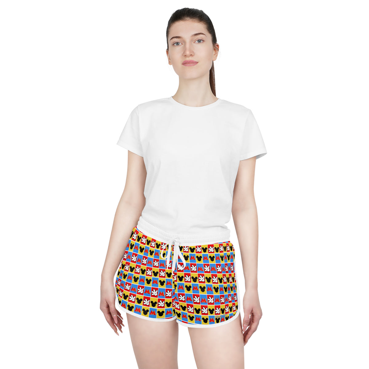 Checkerboard Mickey Hands Relaxed Dolphin Shorts