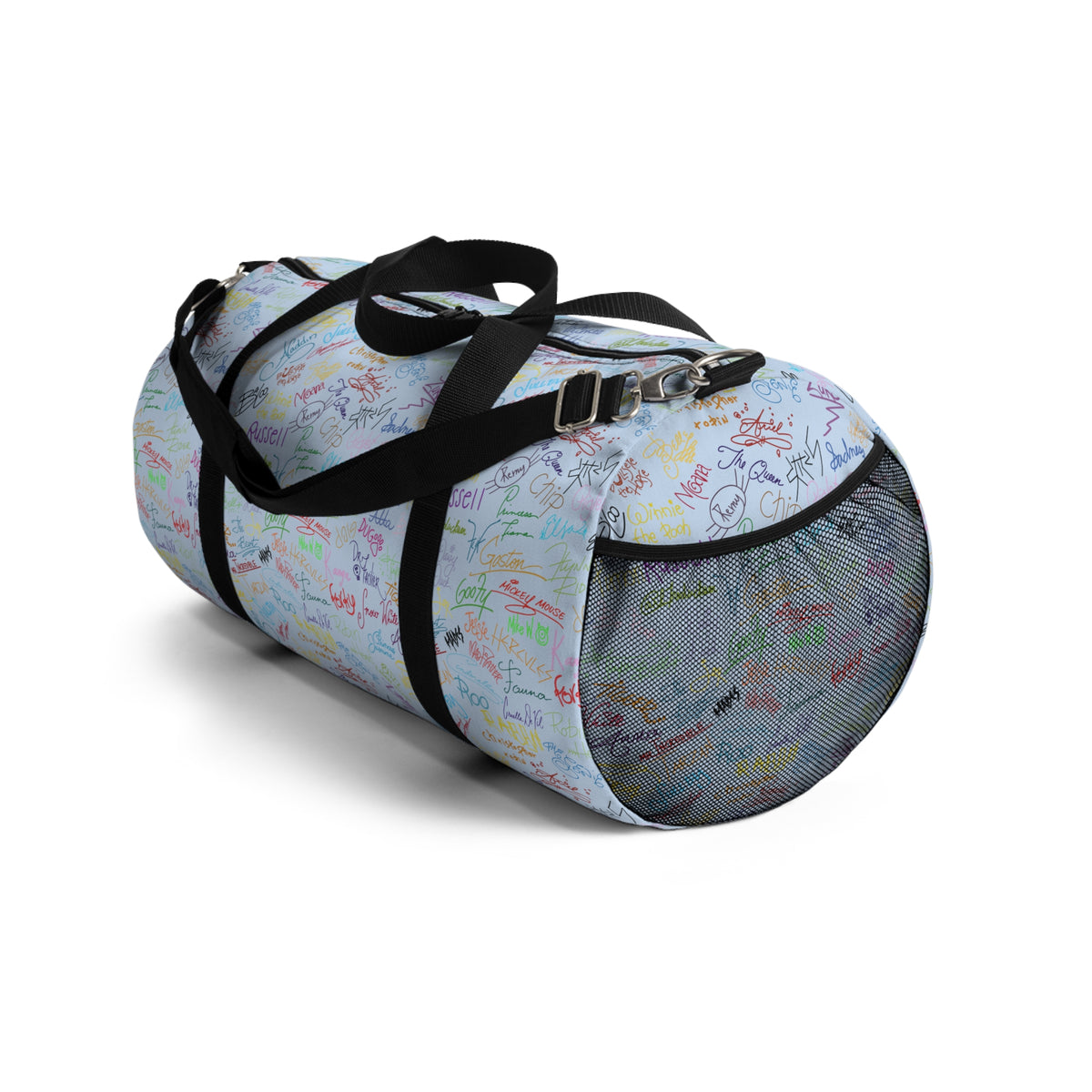 Character Autographs on Blue Travel Duffel Bag