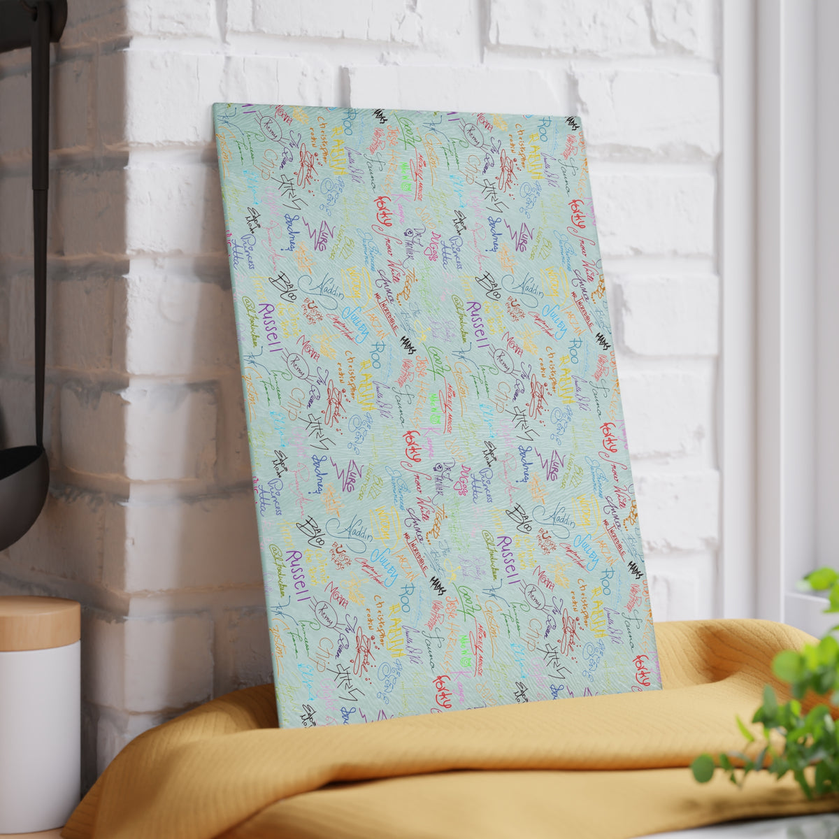 Character Autographs on White Glass Cutting Board