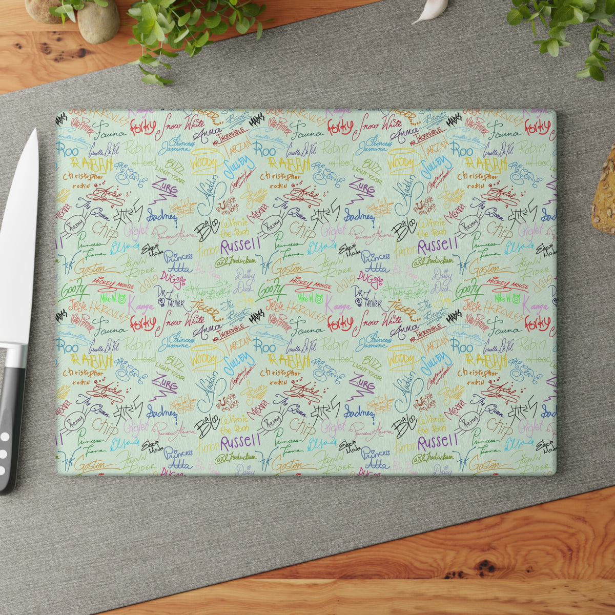 Character Autographs on Green Glass Cutting Board