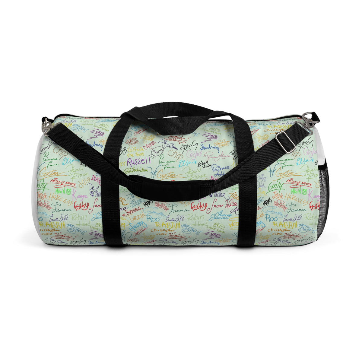 Character Autographs on Green Travel Duffel Bag