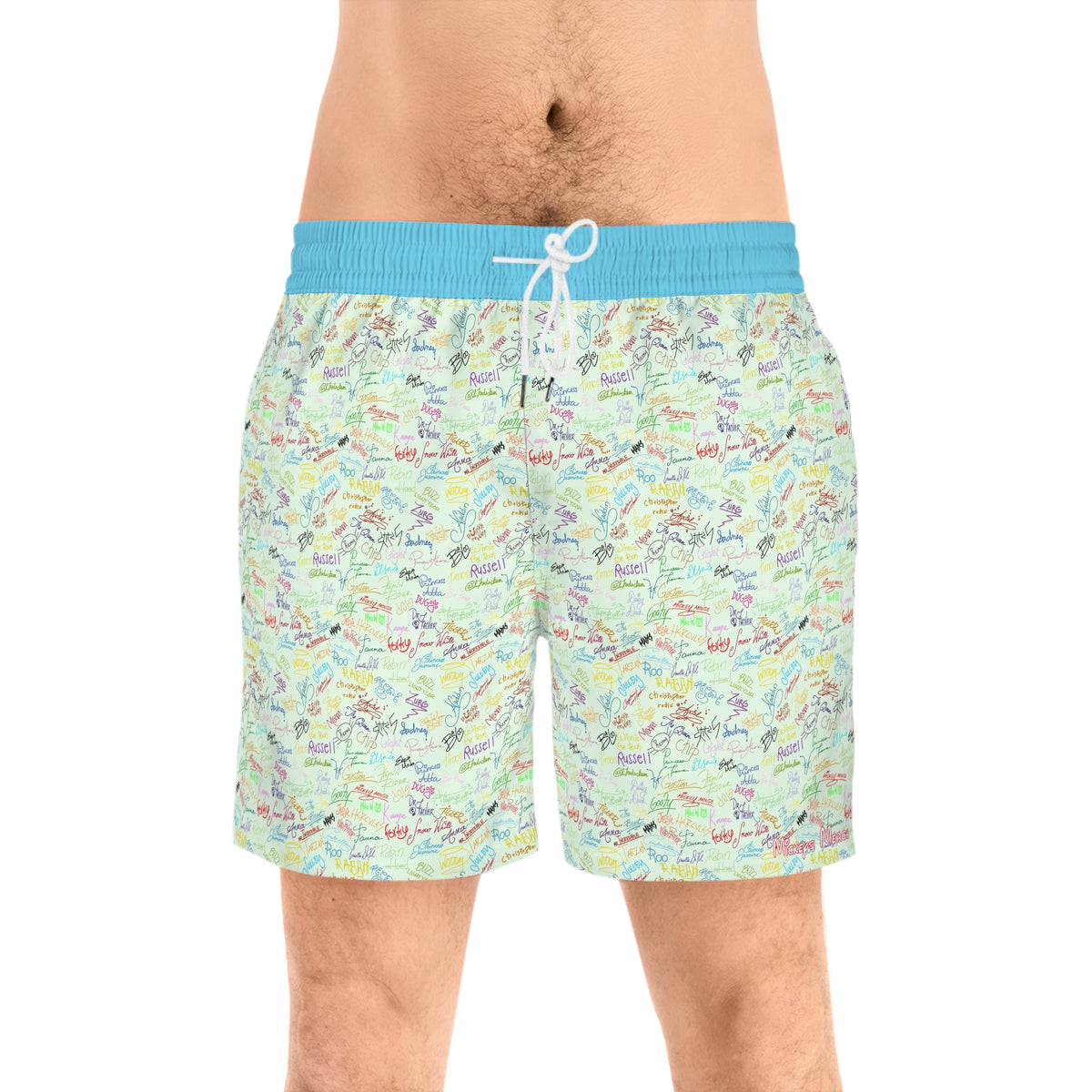 Character Autographs on Green Swim Trunks