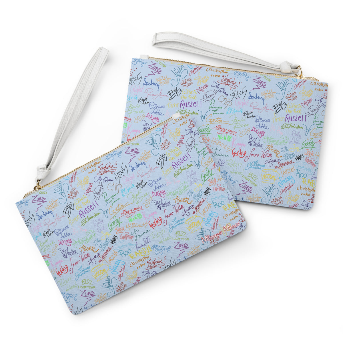 Character Autographs on Blue Convertible Wristlet Clutch