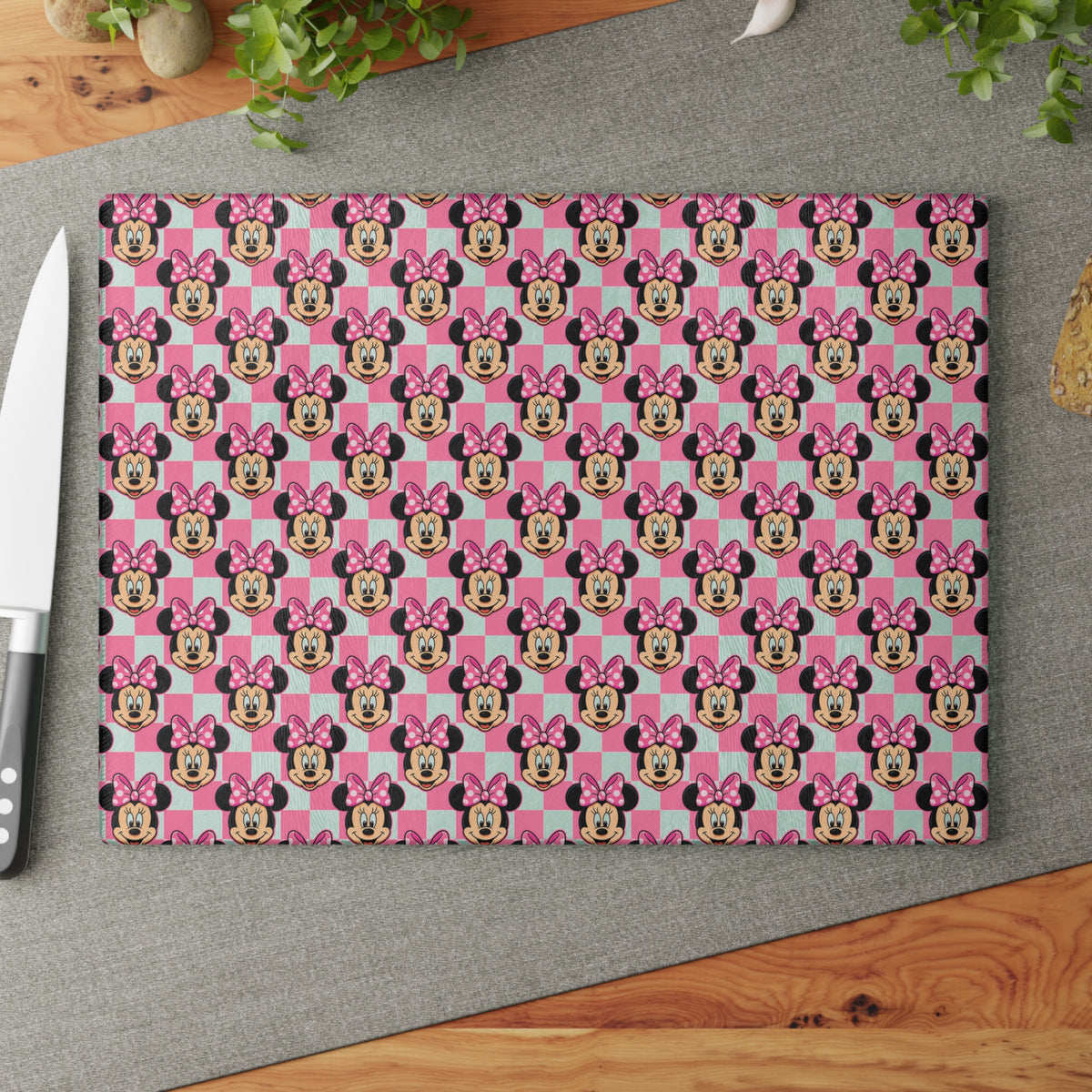 Pink Checkerboard Minnie Glass Cutting Board