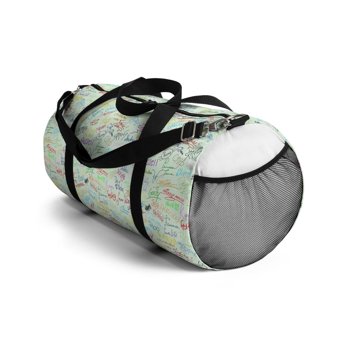 Character Autographs on Green Travel Duffel Bag