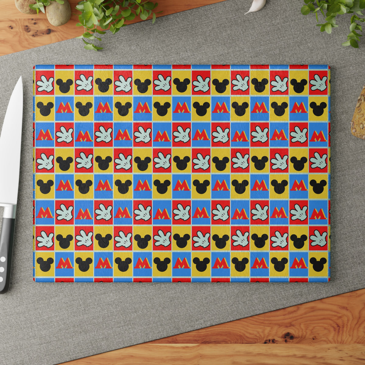 Checkerboard Mickey Hands Glass Cutting Board