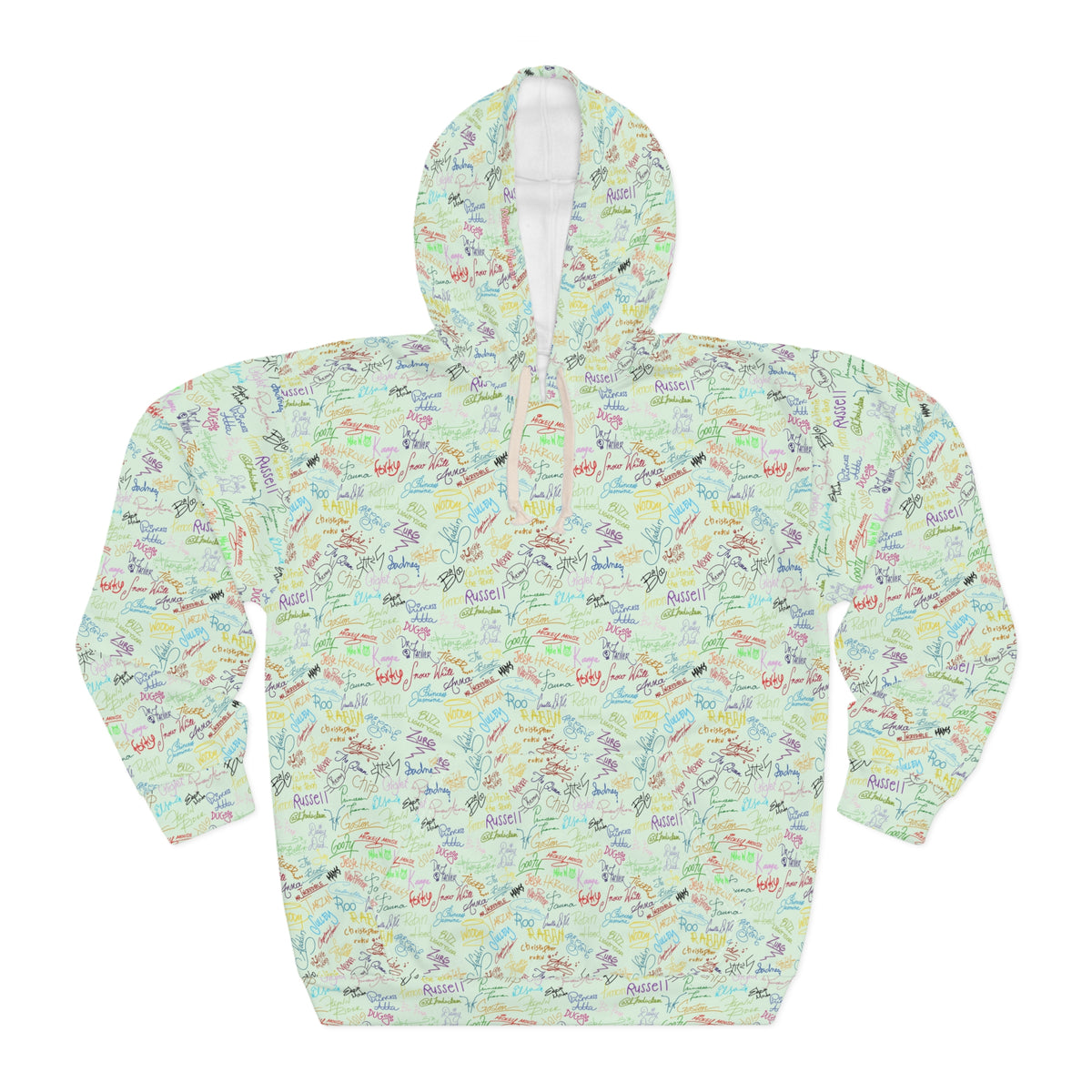 Character Autographs on Green Hooded Sweatshirt