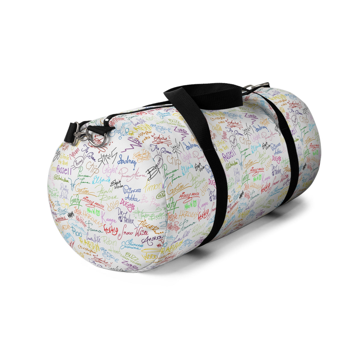 Character Autographs on White Travel Duffel Bag