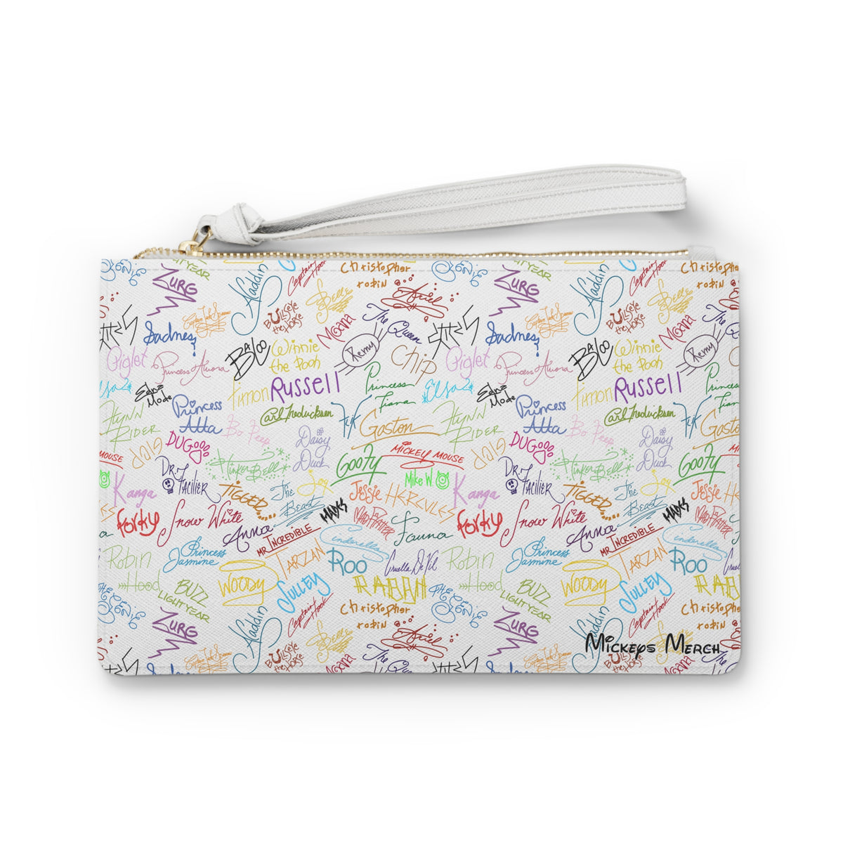 Character Autographs on White Convertible Wristlet Clutch