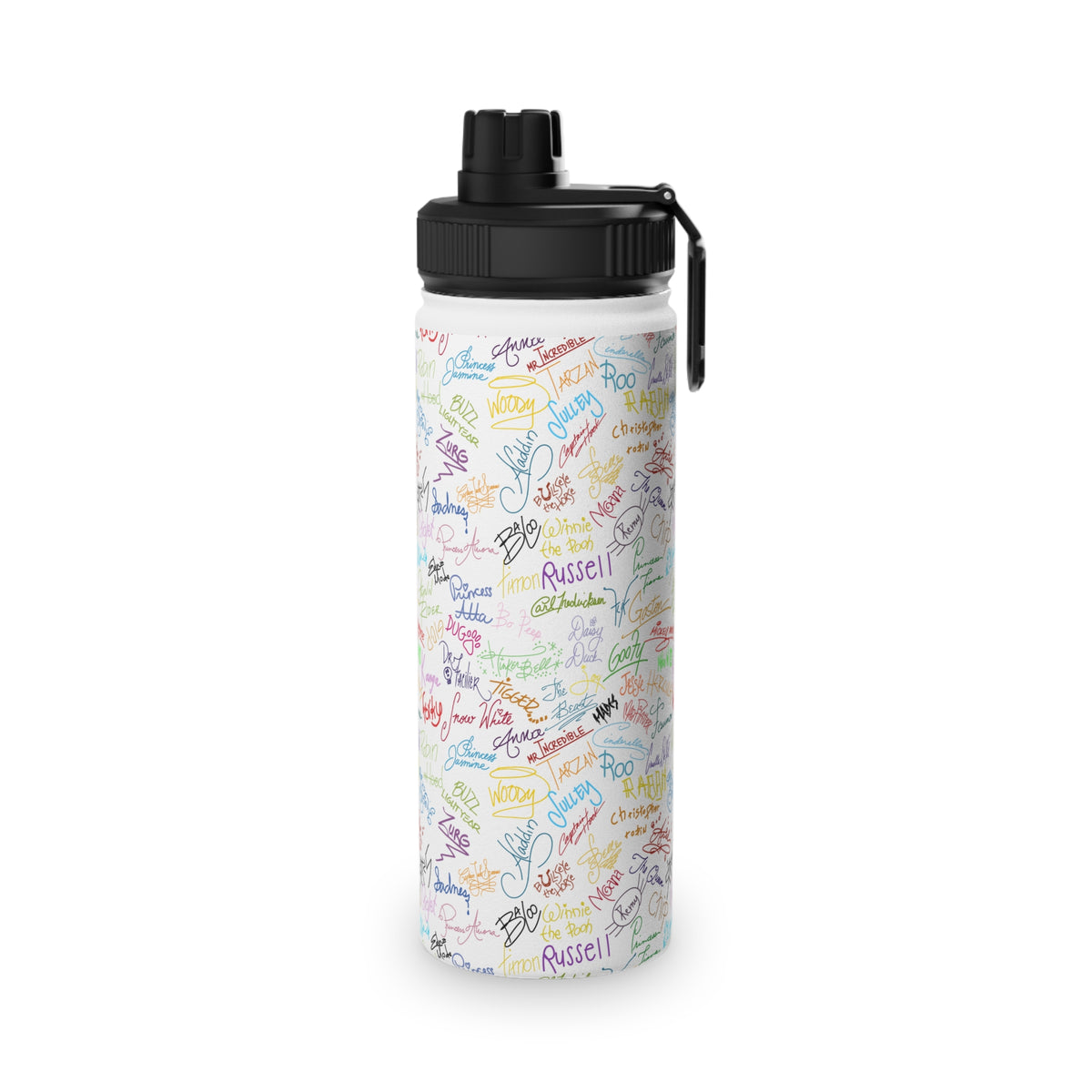 Character Autographs on White Stainless Steel Water Bottle