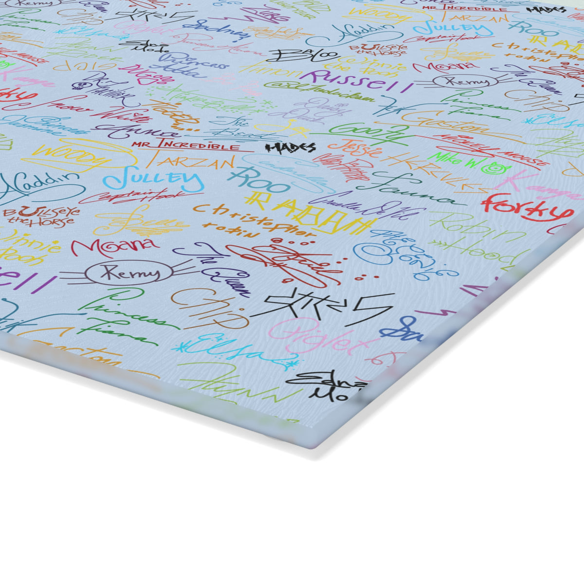 Character Autographs on Blue Glass Cutting Board