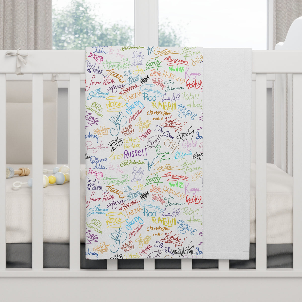Character Autographs on White Happily Ever After Baby Blanket