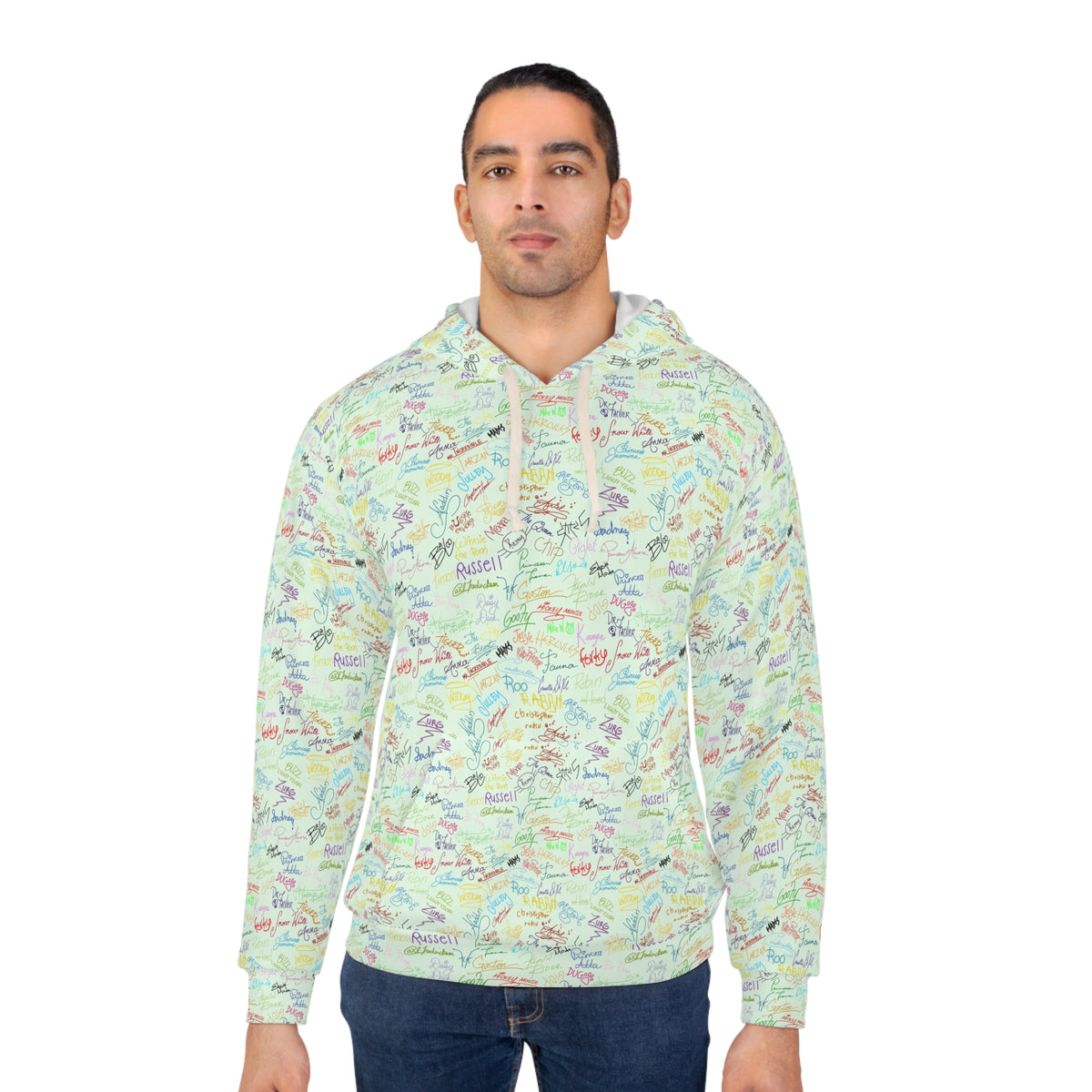 Character Autographs on Green Hooded Sweatshirt