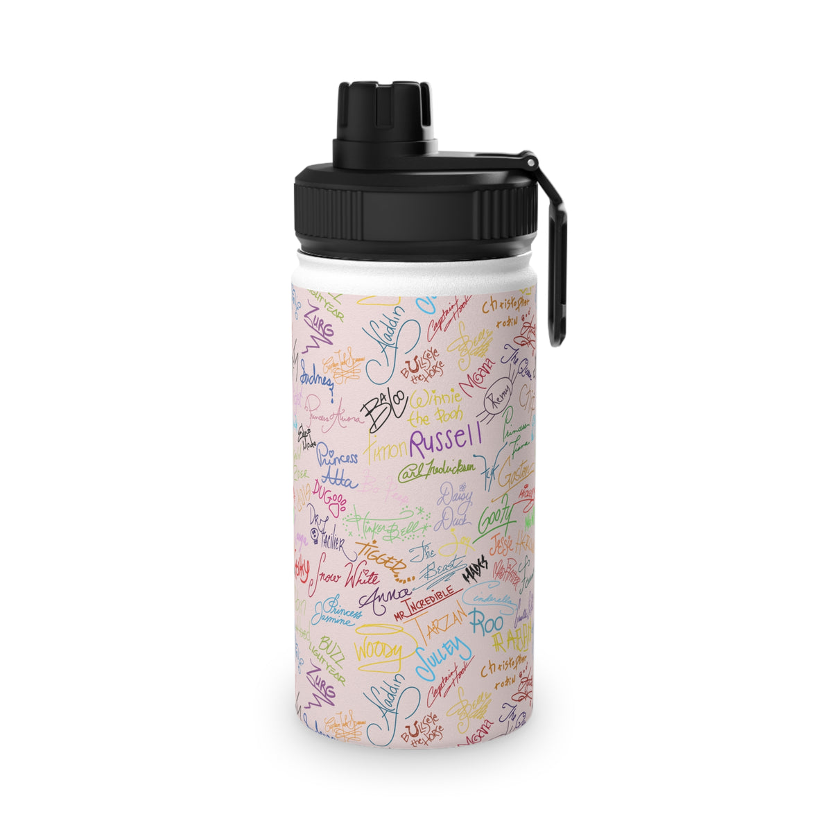 Character Autographs on Pink Stainless Steel Water Bottle