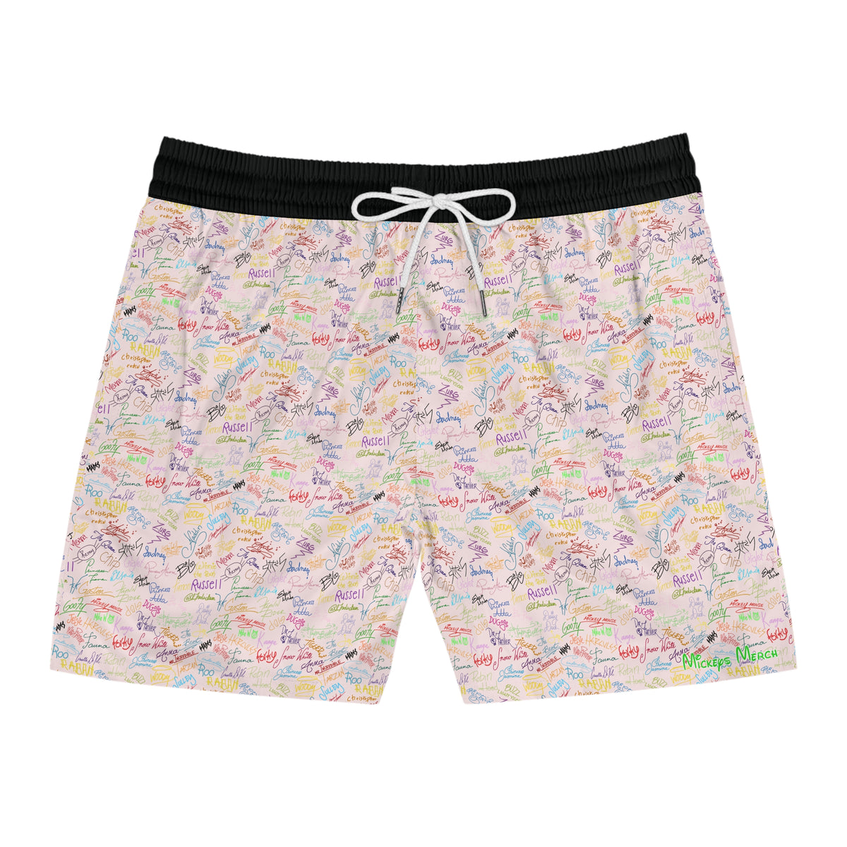 Character Autographs on Pink Swim Trunks