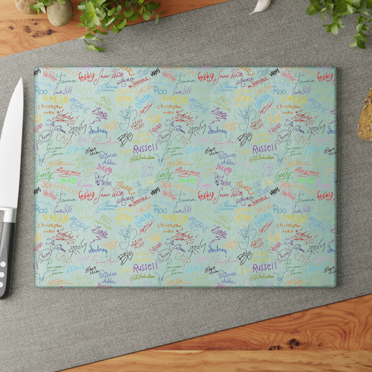 Character Autographs on White Glass Cutting Board