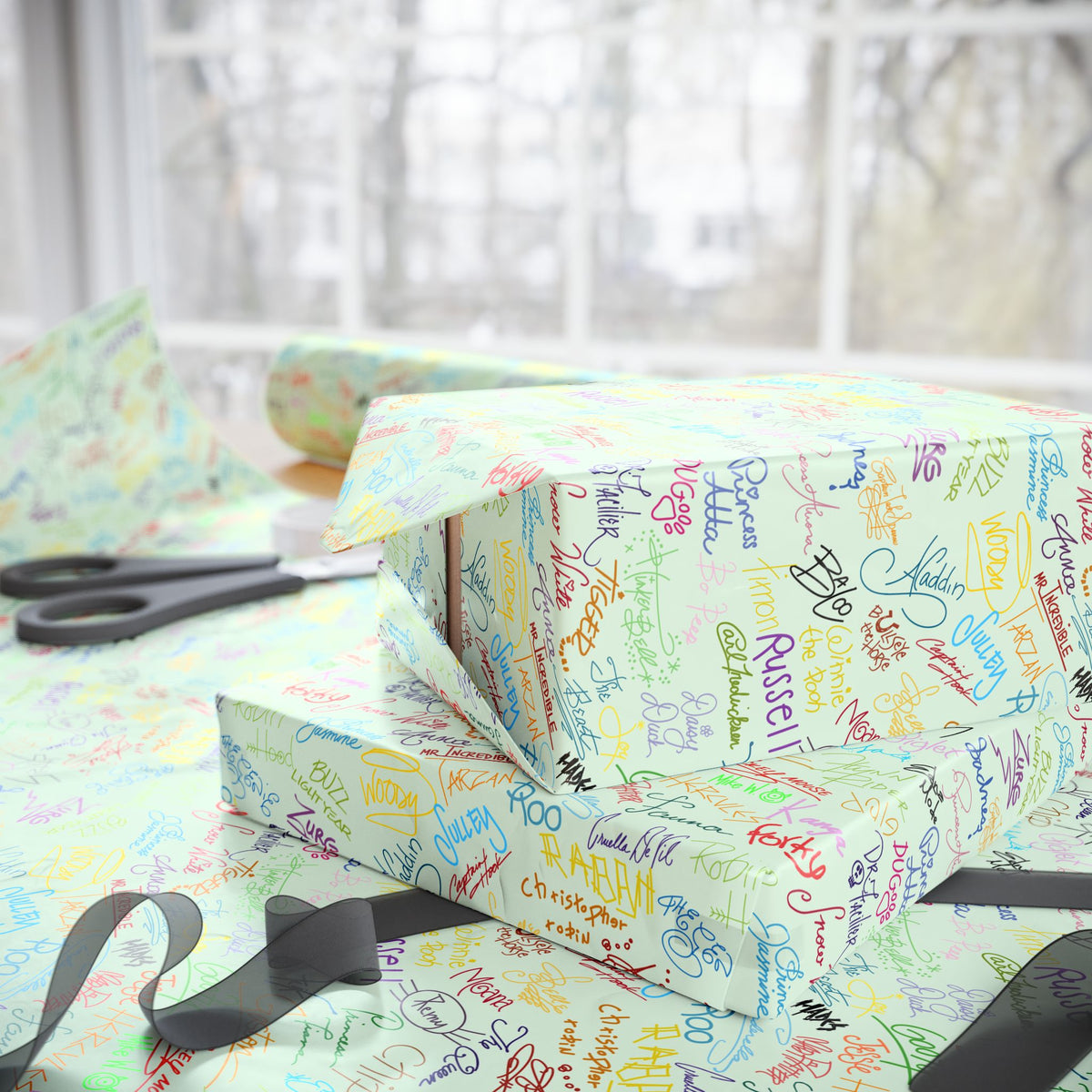 Character Autographs on Green Wrapping Paper Roll