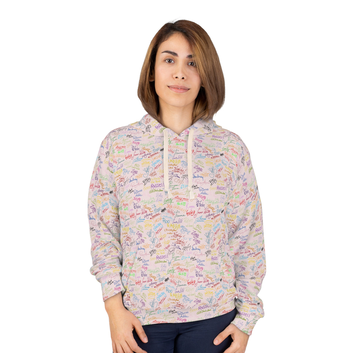 Character Autographs on Pink Hooded Sweatshirt