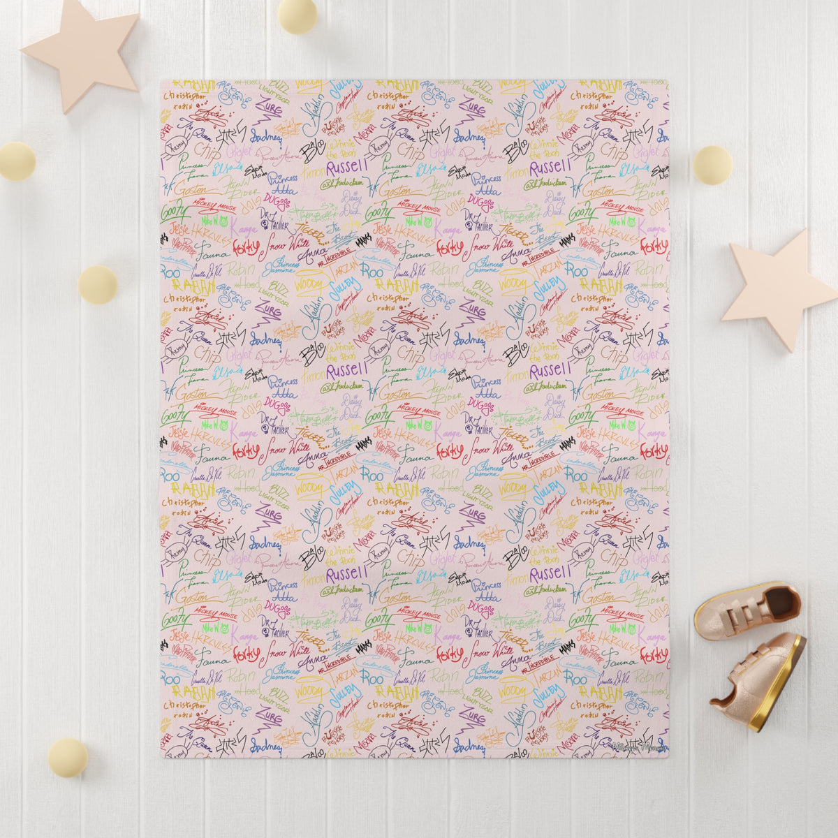 Character Autographs on Pink Happily Ever After Baby Blanket