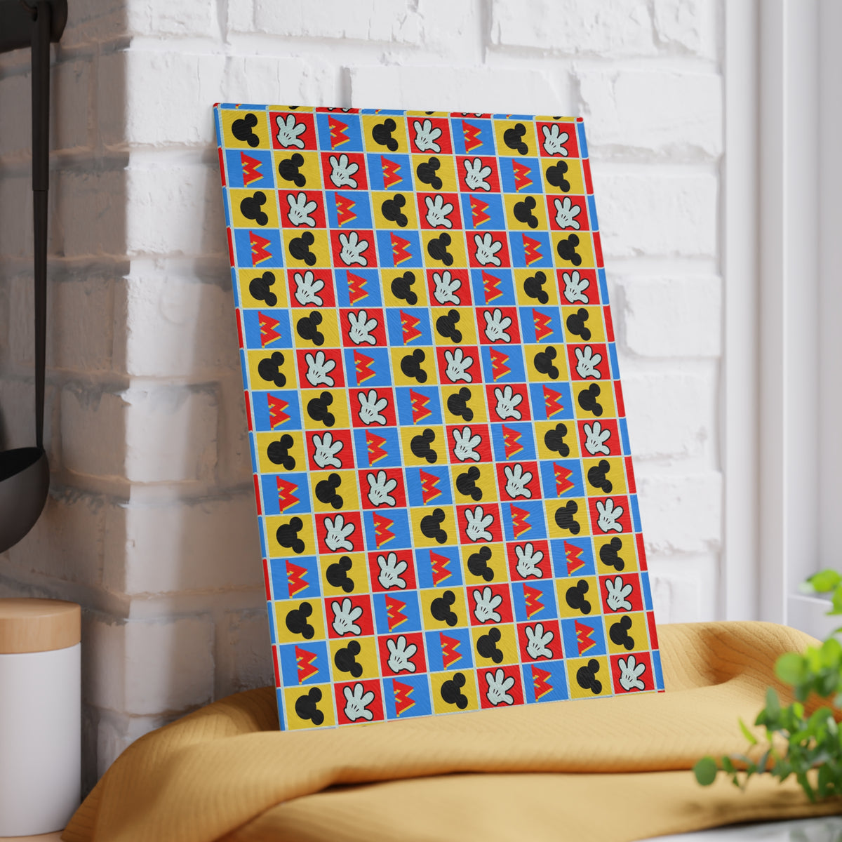 Checkerboard Mickey Hands Glass Cutting Board