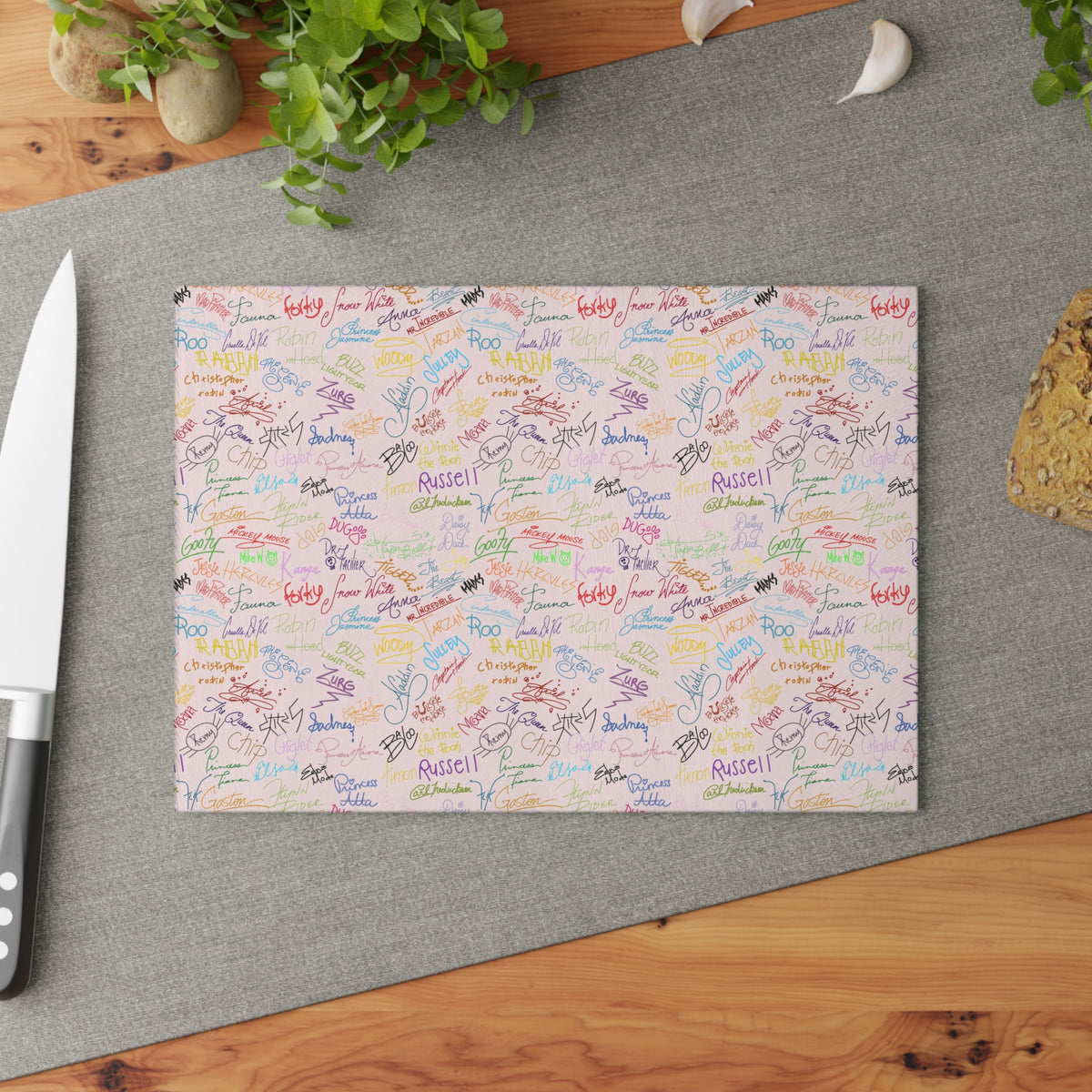 Character Autographs on Pink Glass Cutting Board
